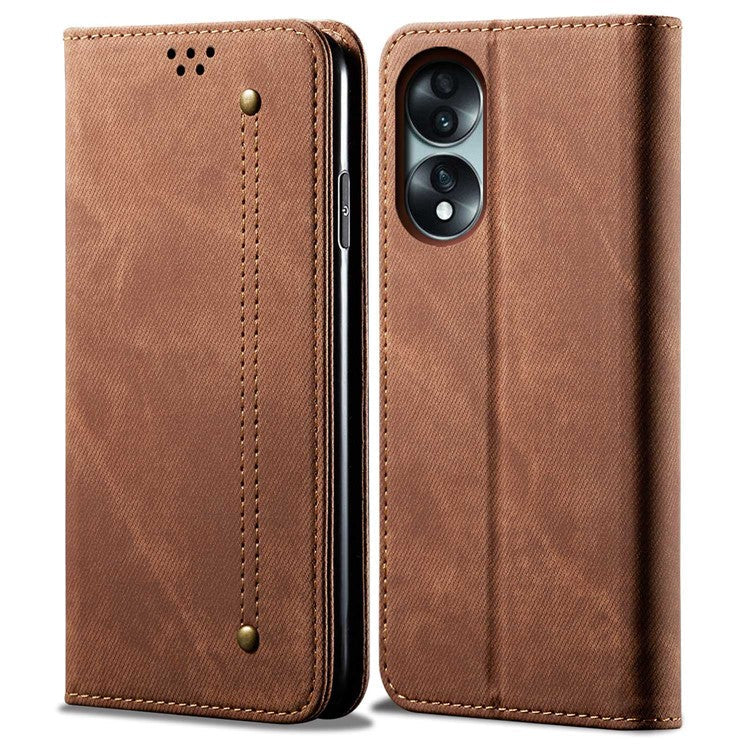 For Honor 70 5G Shockproof Phone Case Jeans Cloth Texture PU Leather Auto Magnetic Closed Flip Wallet Stand Cover - Coffee