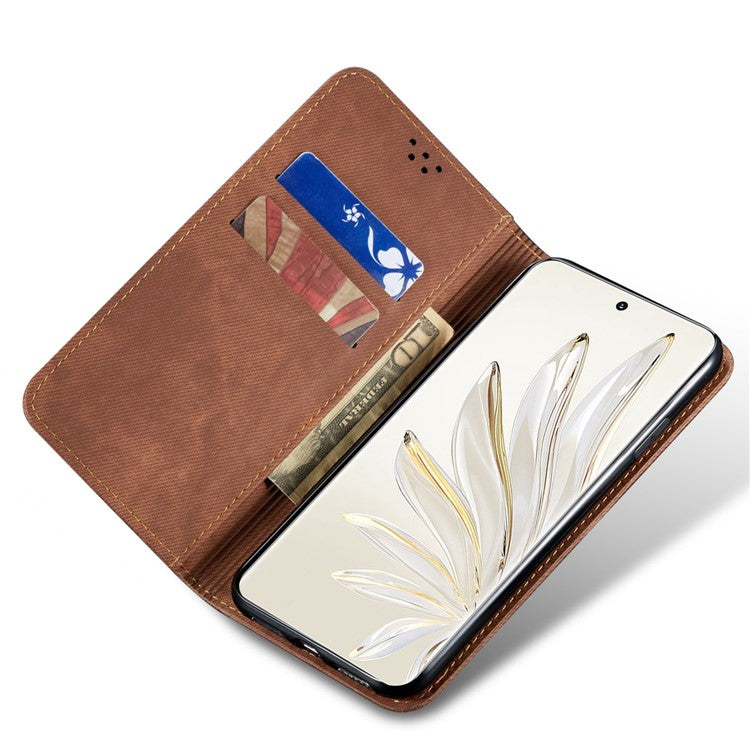 For Honor 70 5G Shockproof Phone Case Jeans Cloth Texture PU Leather Auto Magnetic Closed Flip Wallet Stand Cover - Coffee