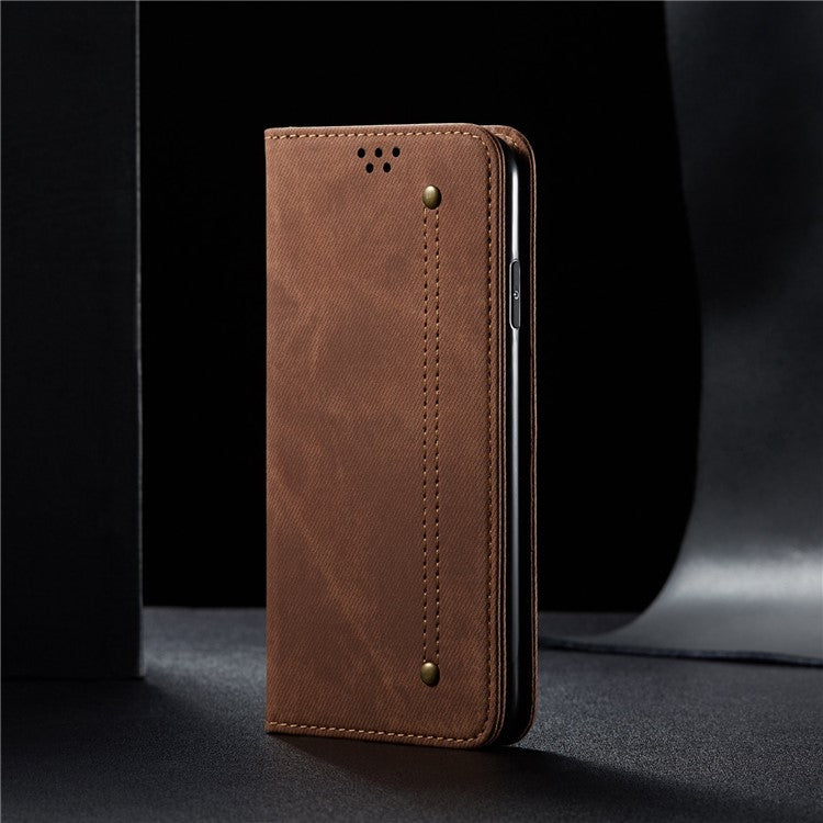 For Honor 70 5G Shockproof Phone Case Jeans Cloth Texture PU Leather Auto Magnetic Closed Flip Wallet Stand Cover - Coffee
