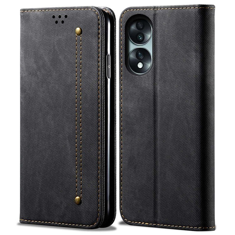 For Honor 70 5G Shockproof Phone Case Jeans Cloth Texture PU Leather Auto Magnetic Closed Flip Wallet Stand Cover - Black