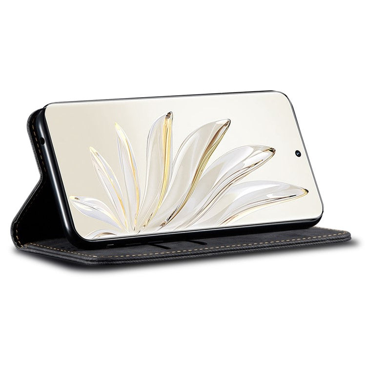 For Honor 70 5G Shockproof Phone Case Jeans Cloth Texture PU Leather Auto Magnetic Closed Flip Wallet Stand Cover - Black