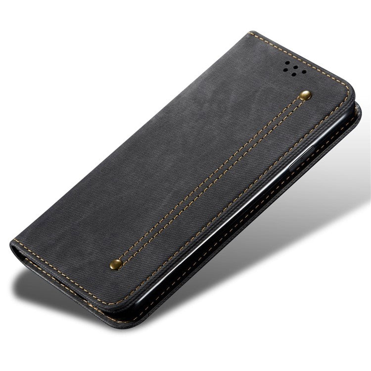 For Honor 70 5G Shockproof Phone Case Jeans Cloth Texture PU Leather Auto Magnetic Closed Flip Wallet Stand Cover - Black