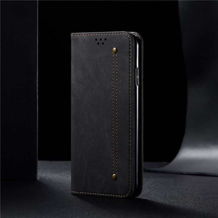 For Honor 70 5G Shockproof Phone Case Jeans Cloth Texture PU Leather Auto Magnetic Closed Flip Wallet Stand Cover - Black