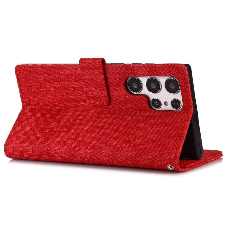 For Samsung Galaxy S22 Ultra 5G Anti-wear Cloth Texture PU Leather Magnetic Case Stand Wallet RFID Blocking Cell Phone Cover - Red