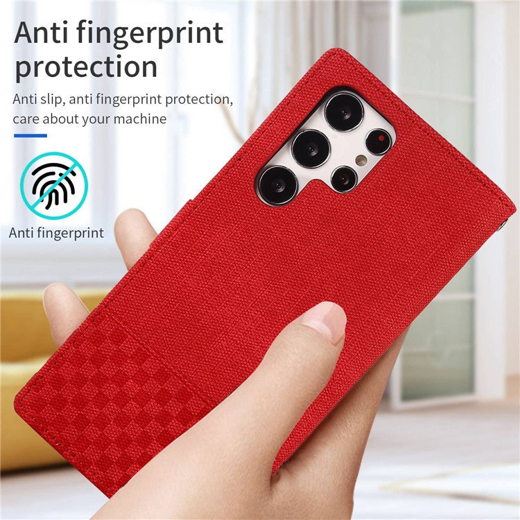 For Samsung Galaxy S22 Ultra 5G Anti-wear Cloth Texture PU Leather Magnetic Case Stand Wallet RFID Blocking Cell Phone Cover - Red