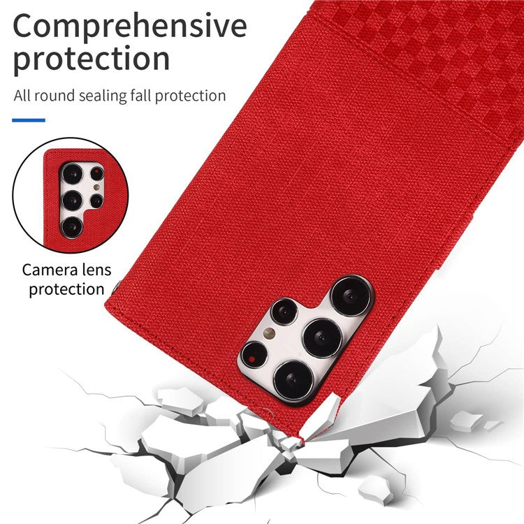 For Samsung Galaxy S22 Ultra 5G Anti-wear Cloth Texture PU Leather Magnetic Case Stand Wallet RFID Blocking Cell Phone Cover - Red