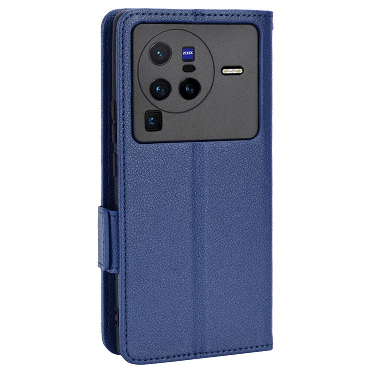For vivo X80 Pro 5G Protective Phone Case Litchi Texture Wallet Stand Function PU Leather Anti-wear Magnetic Cover - Dark Blue