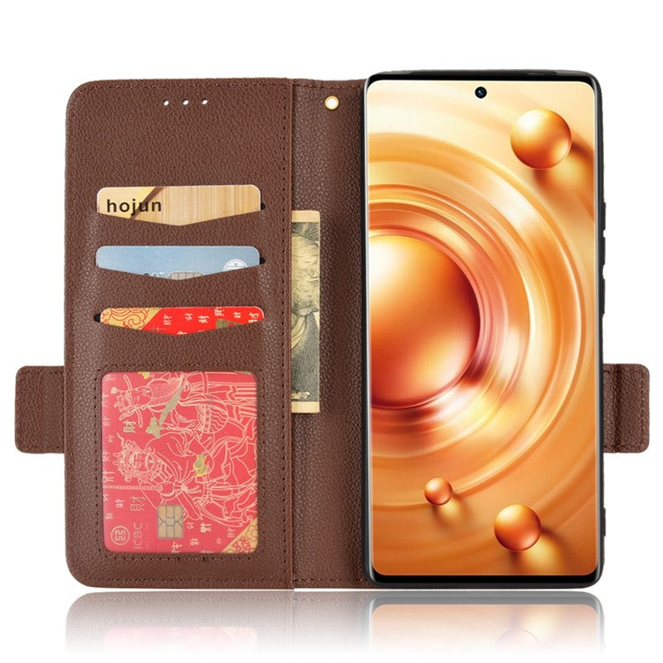 For vivo X80 Pro 5G Protective Phone Case Litchi Texture Wallet Stand Function PU Leather Anti-wear Magnetic Cover - Brown
