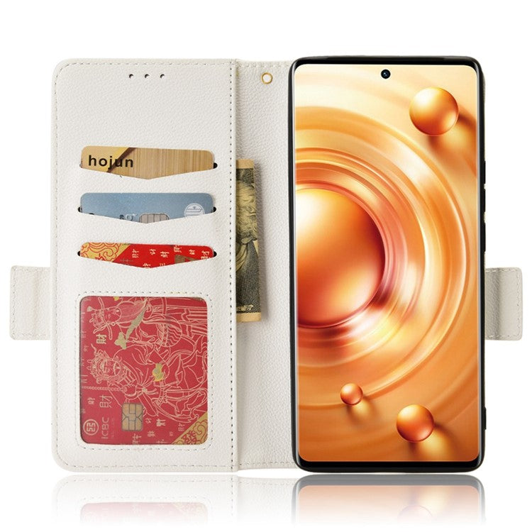 For vivo X80 Pro 5G Protective Phone Case Litchi Texture Wallet Stand Function PU Leather Anti-wear Magnetic Cover - White