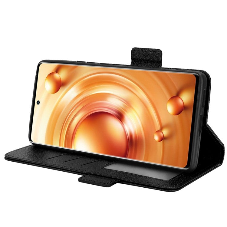 For vivo X80 Pro 5G Protective Phone Case Litchi Texture Wallet Stand Function PU Leather Anti-wear Magnetic Cover - Black