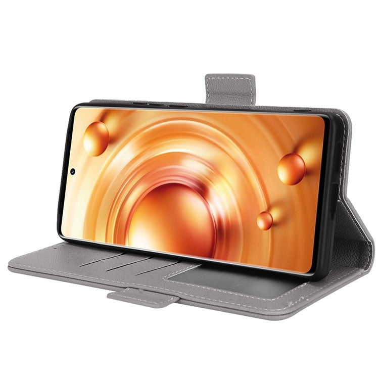 For vivo X80 Pro 5G Protective Phone Case Litchi Texture Wallet Stand Function PU Leather Anti-wear Magnetic Cover - Grey