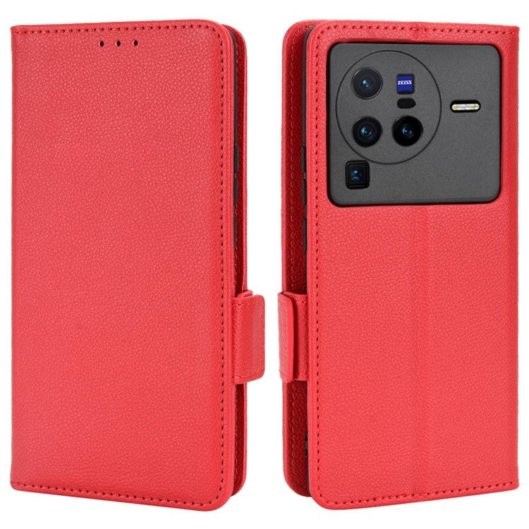 For vivo X80 Pro 5G Protective Phone Case Litchi Texture Wallet Stand Function PU Leather Anti-wear Magnetic Cover - Red