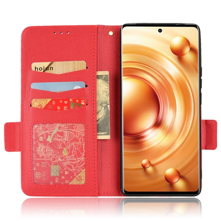 For vivo X80 Pro 5G Protective Phone Case Litchi Texture Wallet Stand Function PU Leather Anti-wear Magnetic Cover - Red