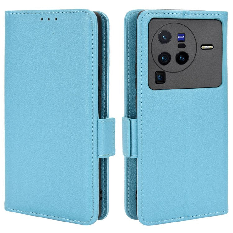 For vivo X80 Pro 5G Protective Phone Case Litchi Texture Wallet Stand Function PU Leather Anti-wear Magnetic Cover - Baby Blue