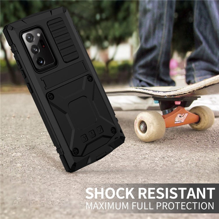 R-JUST For Samsung Galaxy Note20 Ultra / Note20 Ultra 5G Metal + Silicone + PC Kickstand Case Dust-proof Anti-drop Cover with Tempered Glass Film - Black