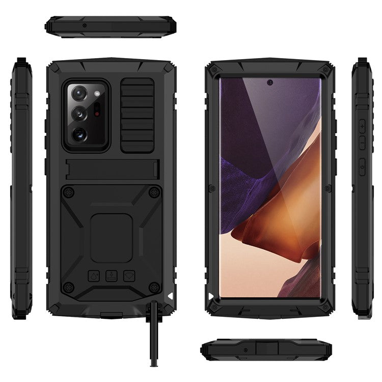 R-JUST For Samsung Galaxy Note20 Ultra / Note20 Ultra 5G Metal + Silicone + PC Kickstand Case Dust-proof Anti-drop Cover with Tempered Glass Film - Black