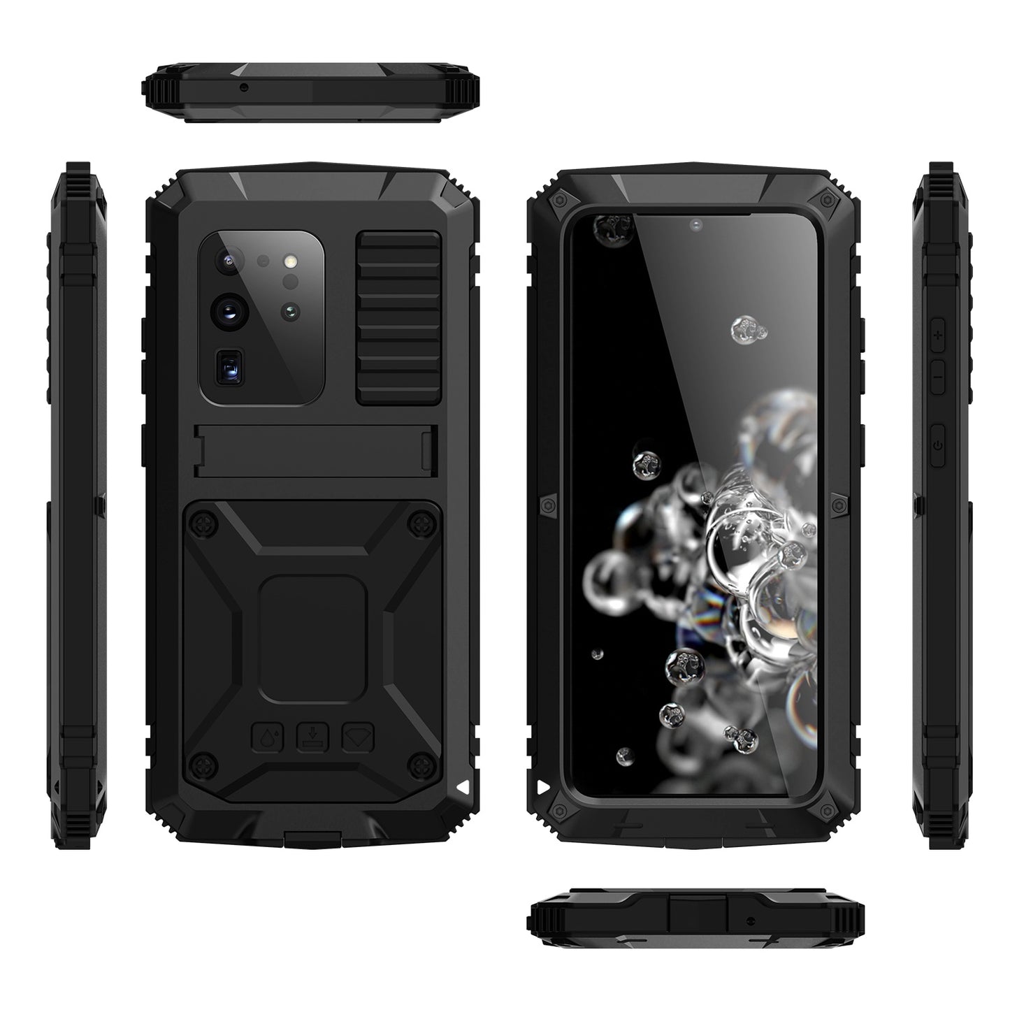 R-JUST For Samsung Galaxy S20 Ultra Metal + Silicone + PC Phone Case Kickstand Full Cover Shell with Tempered Glass Film - Black