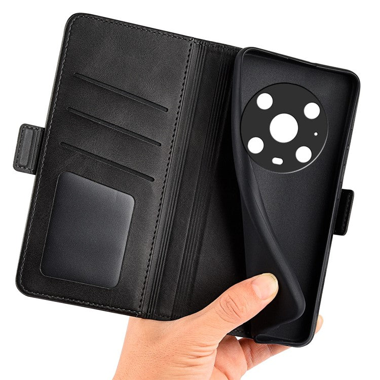 For Honor Magic4 Pro 5G Double Magnetic Clasp Folio Flip Phone Case Textured PU Leather Stand Wallet Cover - Black