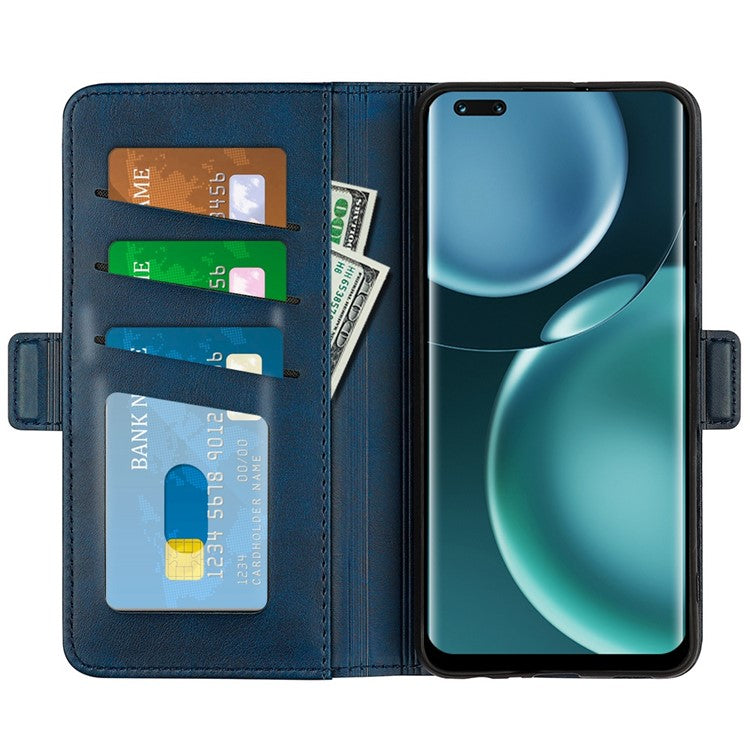 For Honor Magic4 Pro 5G Double Magnetic Clasp Folio Flip Phone Case Textured PU Leather Stand Wallet Cover - Blue