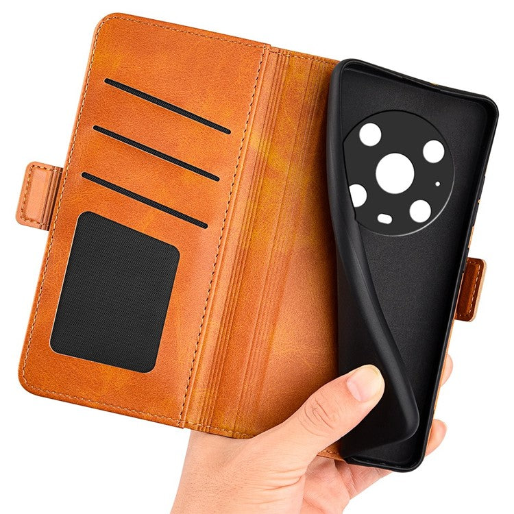 For Honor Magic4 Pro 5G Double Magnetic Clasp Folio Flip Phone Case Textured PU Leather Stand Wallet Cover - Yellow