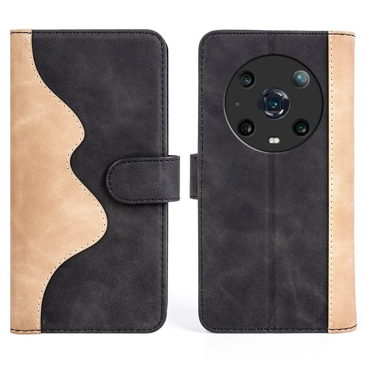 For Honor Magic4 Pro 5G Color Splicing Phone Case Foldable Stand PU Leather Shockproof Wallet Cover - Black
