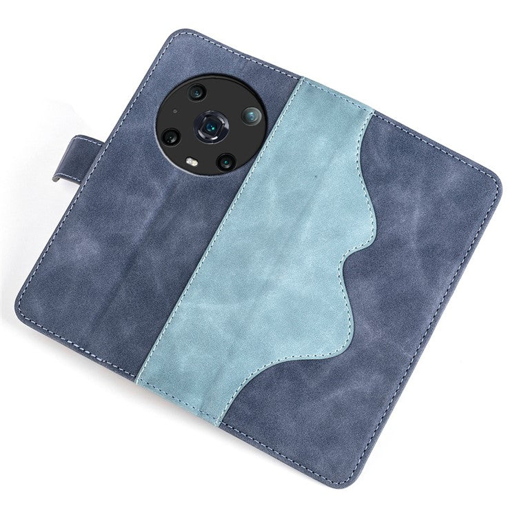 For Honor Magic4 Pro 5G Color Splicing Phone Case Foldable Stand PU Leather Shockproof Wallet Cover - Blue