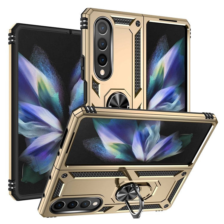For Samsung Galaxy Z Fold4 5G TPU + PC Shockproof Phone Case Ring Holder Kickstand Protective Cover with Car Mount Metal Sheet - Gold