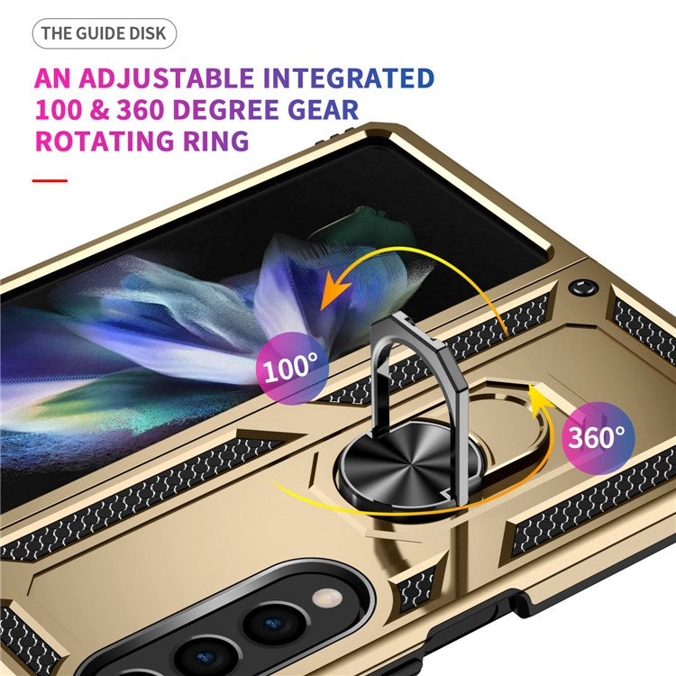 For Samsung Galaxy Z Fold4 5G TPU + PC Shockproof Phone Case Ring Holder Kickstand Protective Cover with Car Mount Metal Sheet - Gold