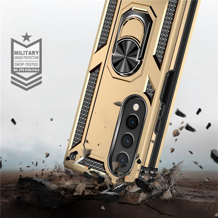 For Samsung Galaxy Z Fold4 5G TPU + PC Shockproof Phone Case Ring Holder Kickstand Protective Cover with Car Mount Metal Sheet - Gold