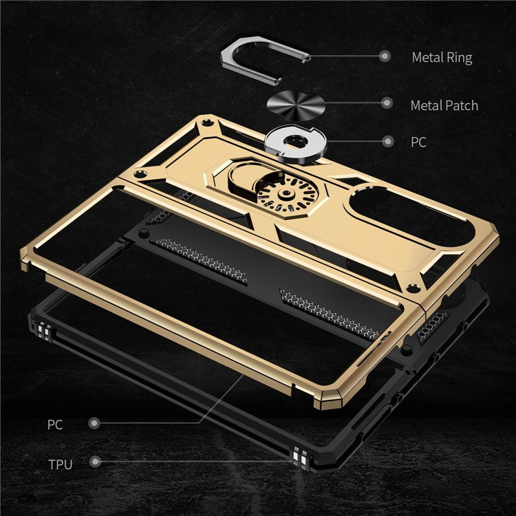 For Samsung Galaxy Z Fold4 5G TPU + PC Shockproof Phone Case Ring Holder Kickstand Protective Cover with Car Mount Metal Sheet - Gold