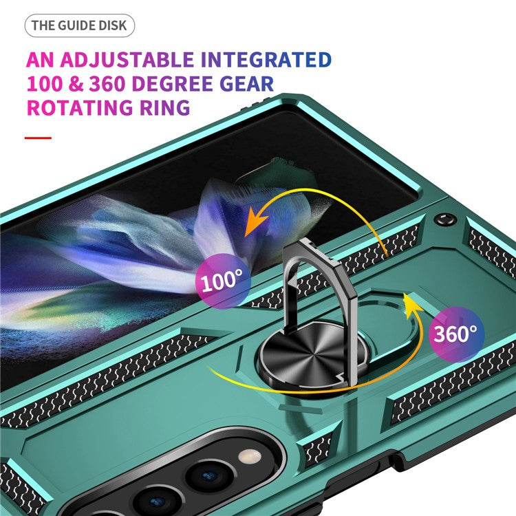 For Samsung Galaxy Z Fold4 5G TPU + PC Shockproof Phone Case Ring Holder Kickstand Protective Cover with Car Mount Metal Sheet - Blackish Green
