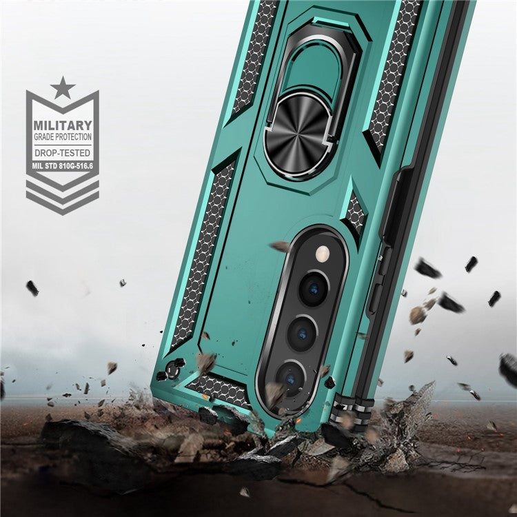 For Samsung Galaxy Z Fold4 5G TPU + PC Shockproof Phone Case Ring Holder Kickstand Protective Cover with Car Mount Metal Sheet - Blackish Green