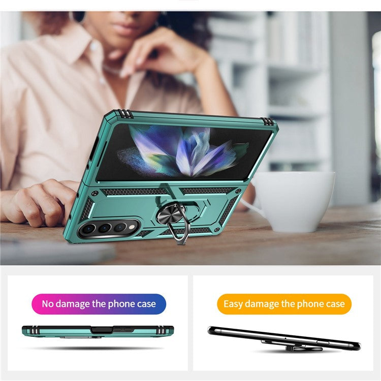 For Samsung Galaxy Z Fold4 5G TPU + PC Shockproof Phone Case Ring Holder Kickstand Protective Cover with Car Mount Metal Sheet - Blackish Green