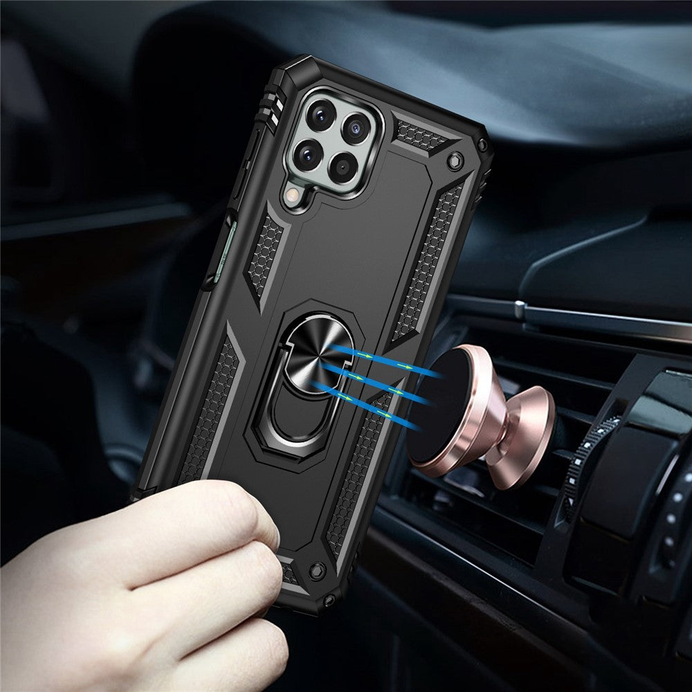 For Samsung Galaxy M33 5G (Global Version) TPU + PC Scratch-resistant Drop-proof Cell Phone Case with Ring Holder Kickstand and Built-in Metal Sheet - Black