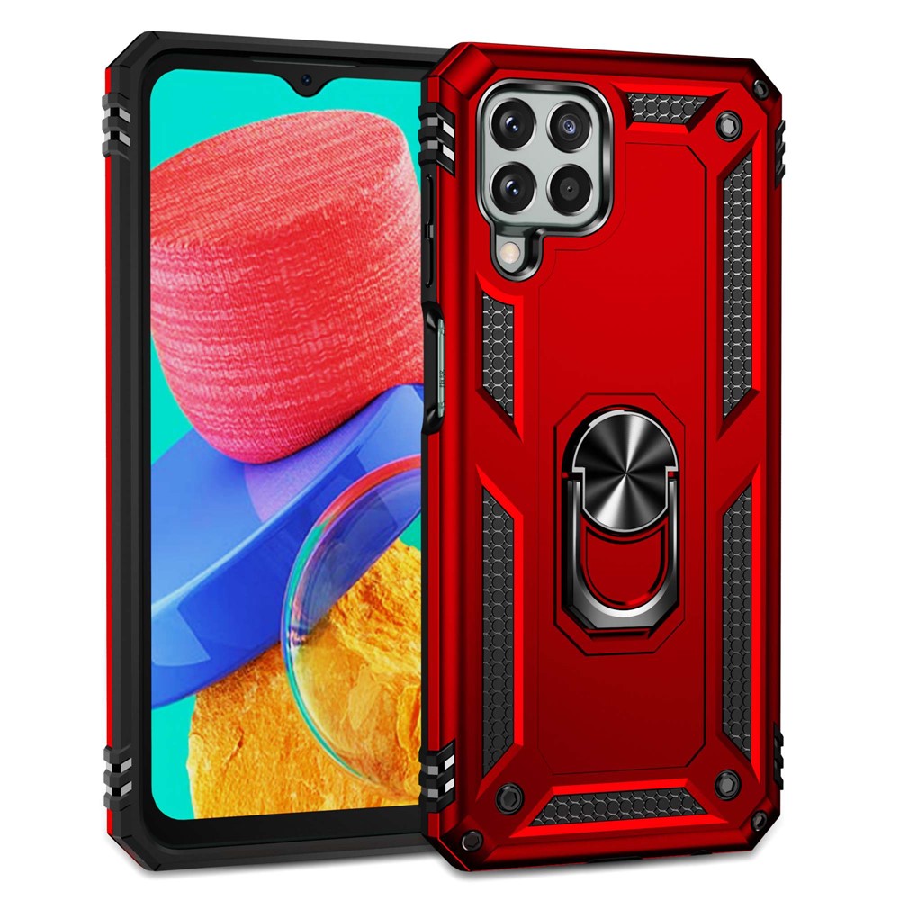 For Samsung Galaxy M33 5G (Global Version) TPU + PC Scratch-resistant Drop-proof Cell Phone Case with Ring Holder Kickstand and Built-in Metal Sheet - Red
