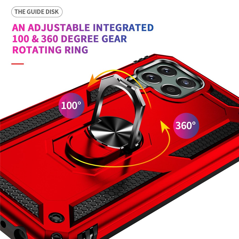 For Samsung Galaxy M33 5G (Global Version) TPU + PC Scratch-resistant Drop-proof Cell Phone Case with Ring Holder Kickstand and Built-in Metal Sheet - Red