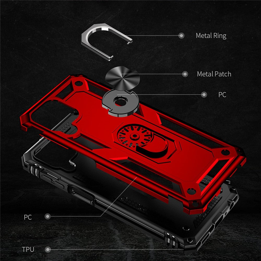 For Samsung Galaxy M33 5G (Global Version) TPU + PC Scratch-resistant Drop-proof Cell Phone Case with Ring Holder Kickstand and Built-in Metal Sheet - Red