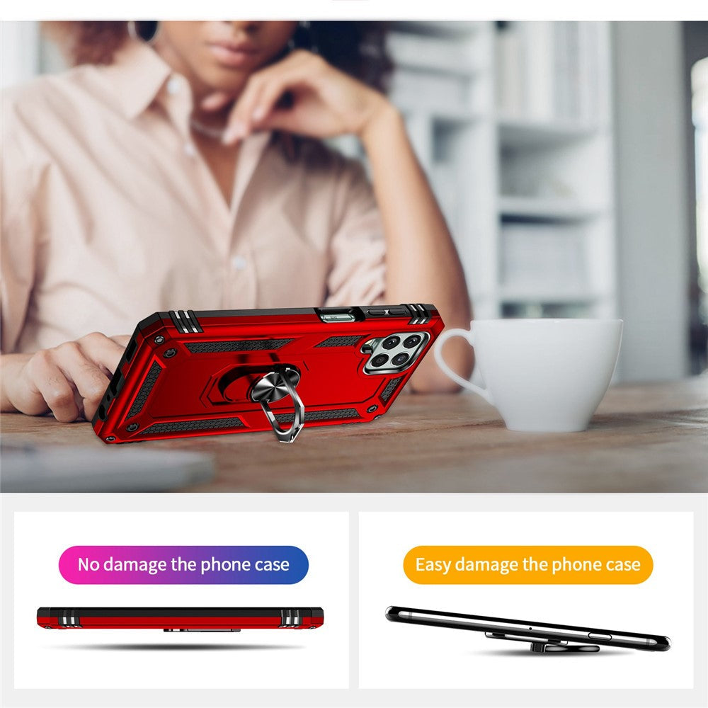 For Samsung Galaxy M33 5G (Global Version) TPU + PC Scratch-resistant Drop-proof Cell Phone Case with Ring Holder Kickstand and Built-in Metal Sheet - Red