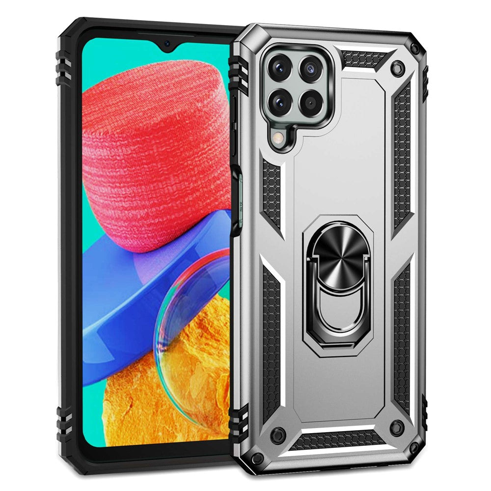 For Samsung Galaxy M33 5G (Global Version) TPU + PC Scratch-resistant Drop-proof Cell Phone Case with Ring Holder Kickstand and Built-in Metal Sheet - Silver