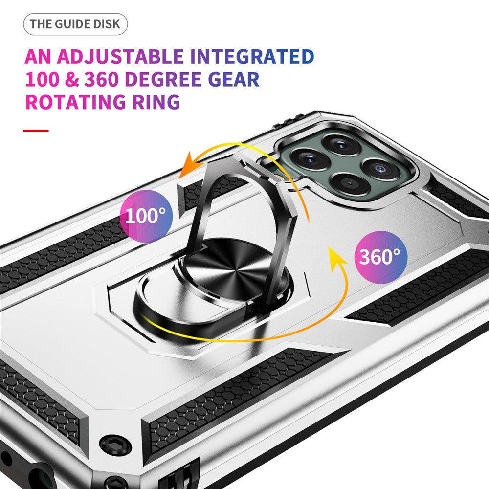 For Samsung Galaxy M33 5G (Global Version) TPU + PC Scratch-resistant Drop-proof Cell Phone Case with Ring Holder Kickstand and Built-in Metal Sheet - Silver