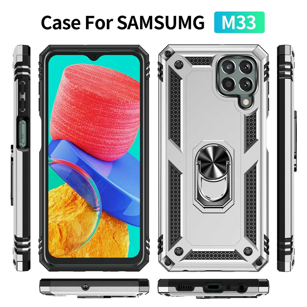 For Samsung Galaxy M33 5G (Global Version) TPU + PC Scratch-resistant Drop-proof Cell Phone Case with Ring Holder Kickstand and Built-in Metal Sheet - Silver