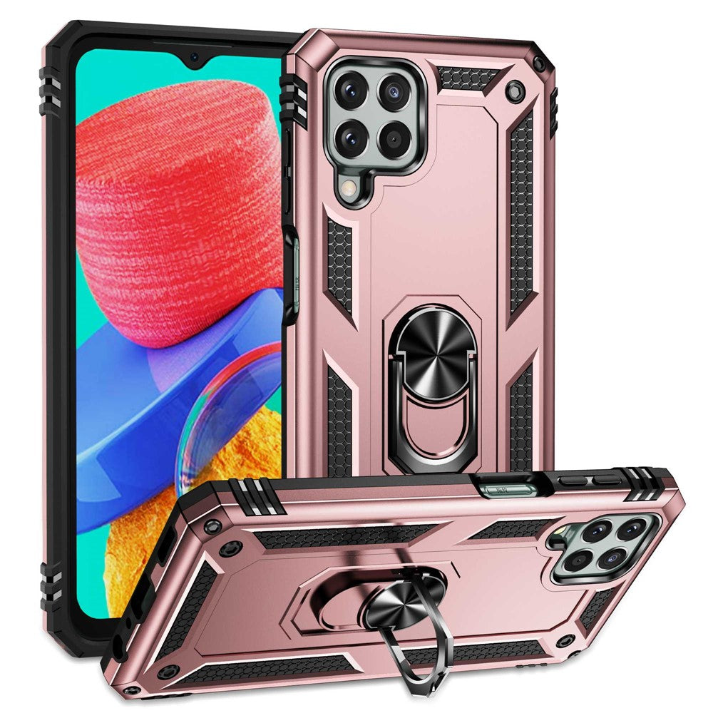 For Samsung Galaxy M33 5G (Global Version) TPU + PC Scratch-resistant Drop-proof Cell Phone Case with Ring Holder Kickstand and Built-in Metal Sheet - Rose Gold
