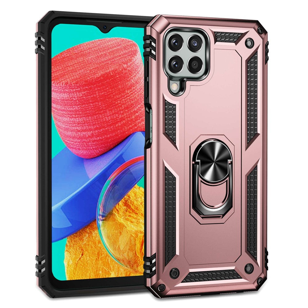 For Samsung Galaxy M33 5G (Global Version) TPU + PC Scratch-resistant Drop-proof Cell Phone Case with Ring Holder Kickstand and Built-in Metal Sheet - Rose Gold