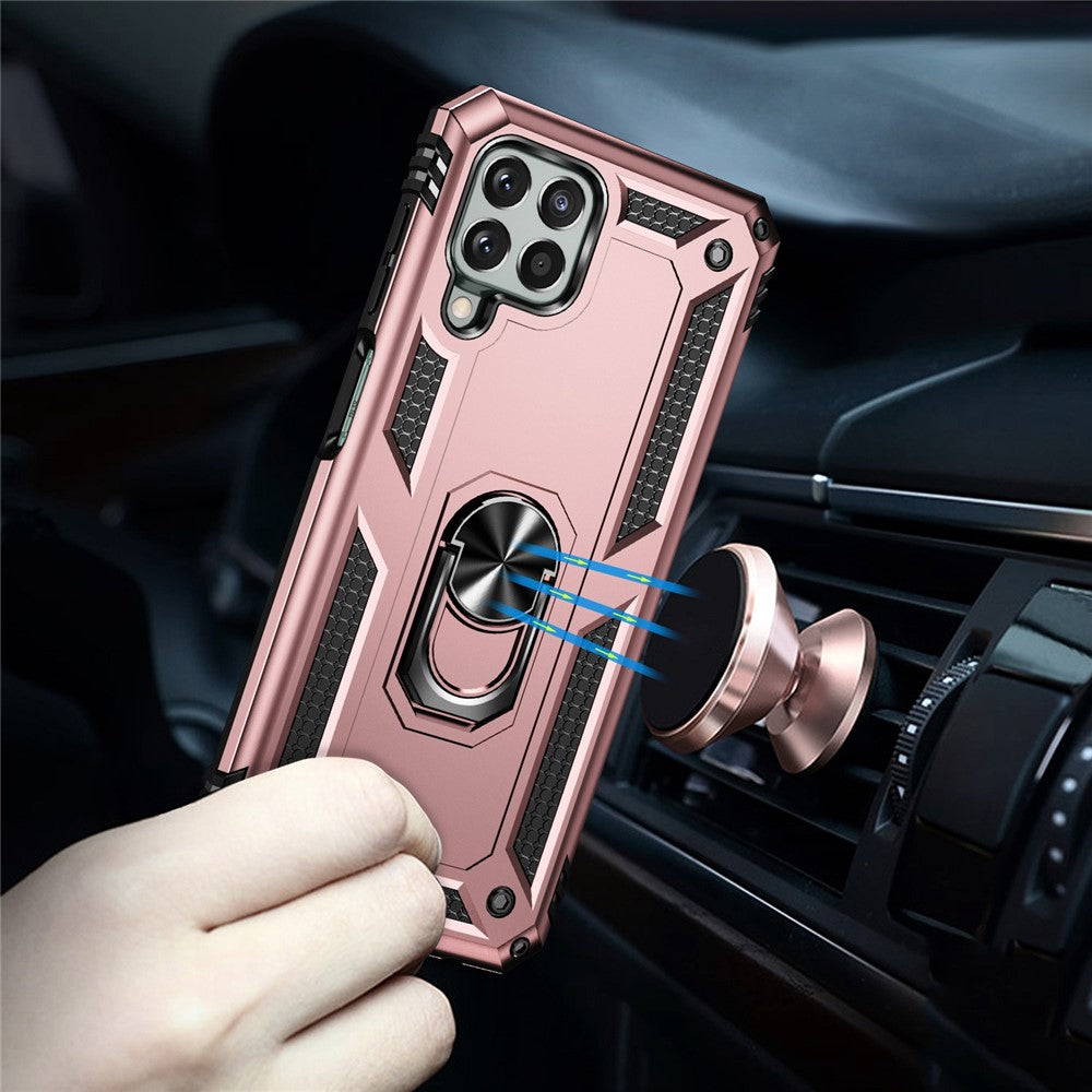 For Samsung Galaxy M33 5G (Global Version) TPU + PC Scratch-resistant Drop-proof Cell Phone Case with Ring Holder Kickstand and Built-in Metal Sheet - Rose Gold