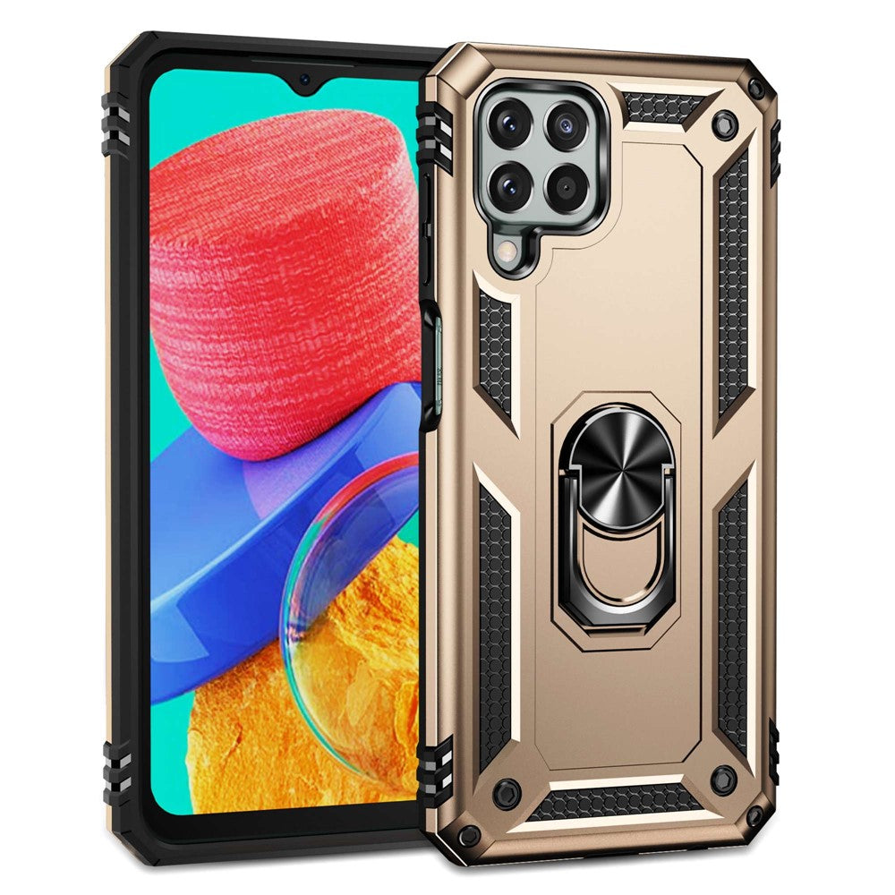 For Samsung Galaxy M33 5G (Global Version) TPU + PC Scratch-resistant Drop-proof Cell Phone Case with Ring Holder Kickstand and Built-in Metal Sheet - Gold