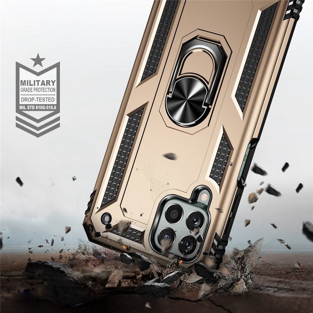 For Samsung Galaxy M33 5G (Global Version) TPU + PC Scratch-resistant Drop-proof Cell Phone Case with Ring Holder Kickstand and Built-in Metal Sheet - Gold