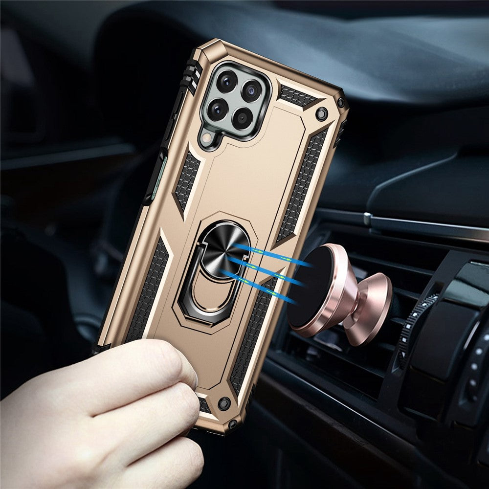 For Samsung Galaxy M33 5G (Global Version) TPU + PC Scratch-resistant Drop-proof Cell Phone Case with Ring Holder Kickstand and Built-in Metal Sheet - Gold