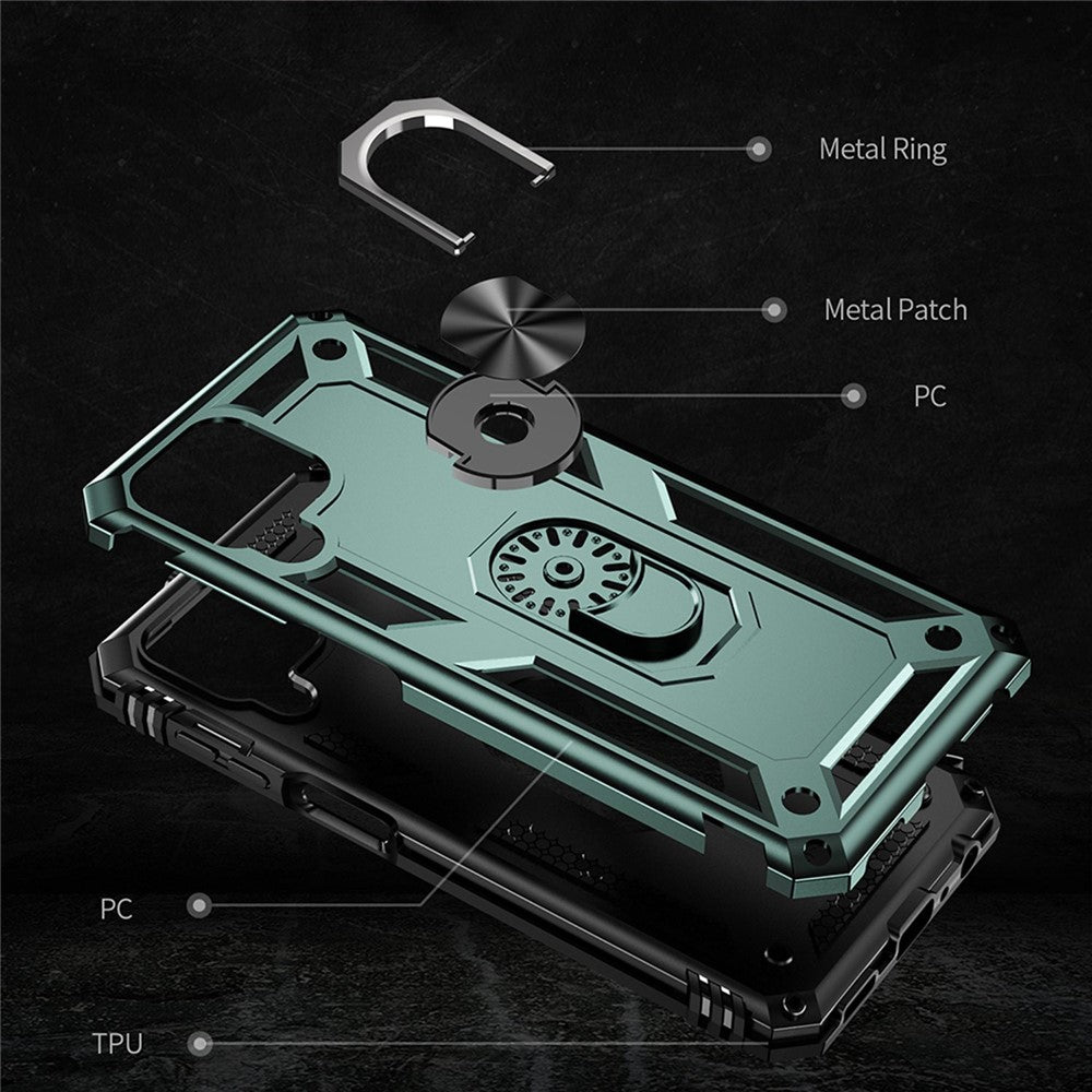 For Samsung Galaxy M33 5G (Global Version) TPU + PC Scratch-resistant Drop-proof Cell Phone Case with Ring Holder Kickstand and Built-in Metal Sheet - Blackish Green