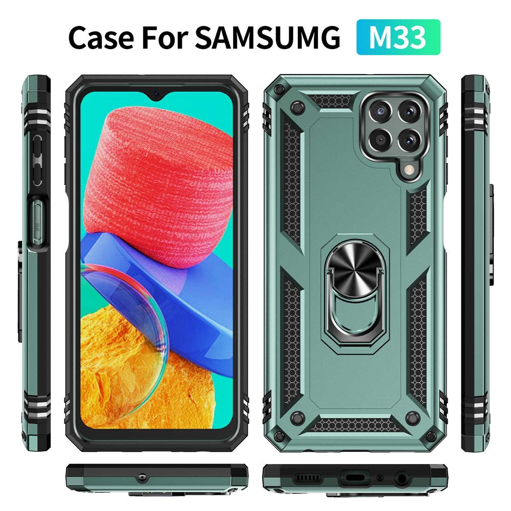 For Samsung Galaxy M33 5G (Global Version) TPU + PC Scratch-resistant Drop-proof Cell Phone Case with Ring Holder Kickstand and Built-in Metal Sheet - Blackish Green