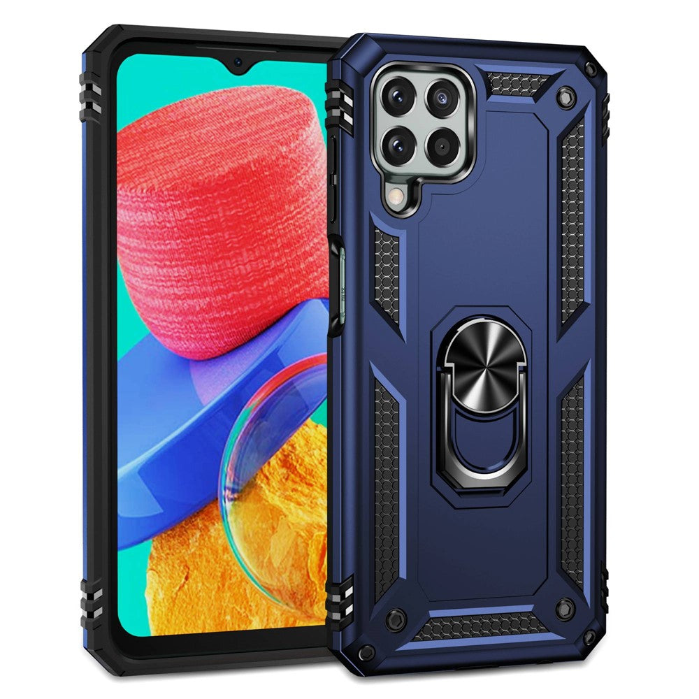 For Samsung Galaxy M33 5G (Global Version) TPU + PC Scratch-resistant Drop-proof Cell Phone Case with Ring Holder Kickstand and Built-in Metal Sheet - Blue